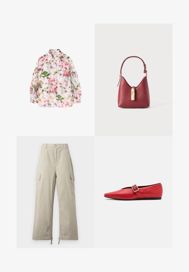 Bloemenpatroon shirt met een lichtroze achtergrond, met groene bladeren en verschillende kleurrijke bloemen. Knopen ontwerp, lange mouwen.; Lichtbeige cargobroek met een relaxte pasvorm, voorzien van een knoopsluiting, zijzakken en een verstelbare zoom met strikjes. Soepele stofstructuur.; Rode leren platte schoen met een spitse neus, voorzien van een zijkant band met een metalen gesp en een lage zwarte hak. Gladde textuur overal.; Rood leren handtas met een kenmerkende gebogen vorm, verstelbare schouderband en een goudkleurige sluiting aan de voorkant. Zachte textuur, minimalistisch ontwerp.; Goudkleurige Michael Kors horloge met een ronde kast, metalen schakelschoen, minimalistische wijzerplaat, drie sub-dials en datumaanduiding op 6 uur.