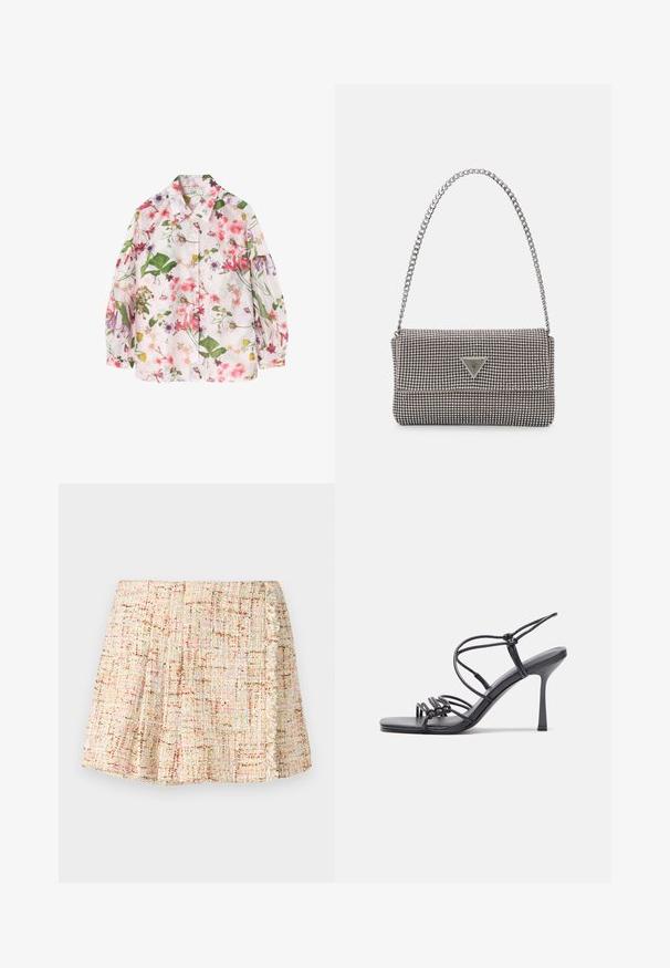 Ziedu raksta krekls ar gaiši rozā fonu, uz kura ir zaļas lapas un dažādu krāsu ziedi. Pogājams dizains, garas piedurknes.; Īss, krokotais svārks, izgatavots no teksturēta auduma neitrālās krāsās ar smalkiem krāsas plankumiem. Sānos ir frizēta apdare.; Melnas augstpapēžu sandales ar plāniem siksniņām un mezgla dizainu, gluda kvadrātveida purngalu un elegantu stiletto papēdi.; Gaiši pelēka metāla rokassoma ar ķēdes siksnu, rotāta ar mazām apaļām metāla kniedēm un trīsstūra zīmola logo.; Sudraba riņķveida auskari ar gludu, spīdīgu apdari. Apaļas formas, viegla dizaina, ar aizdari uz stieples.