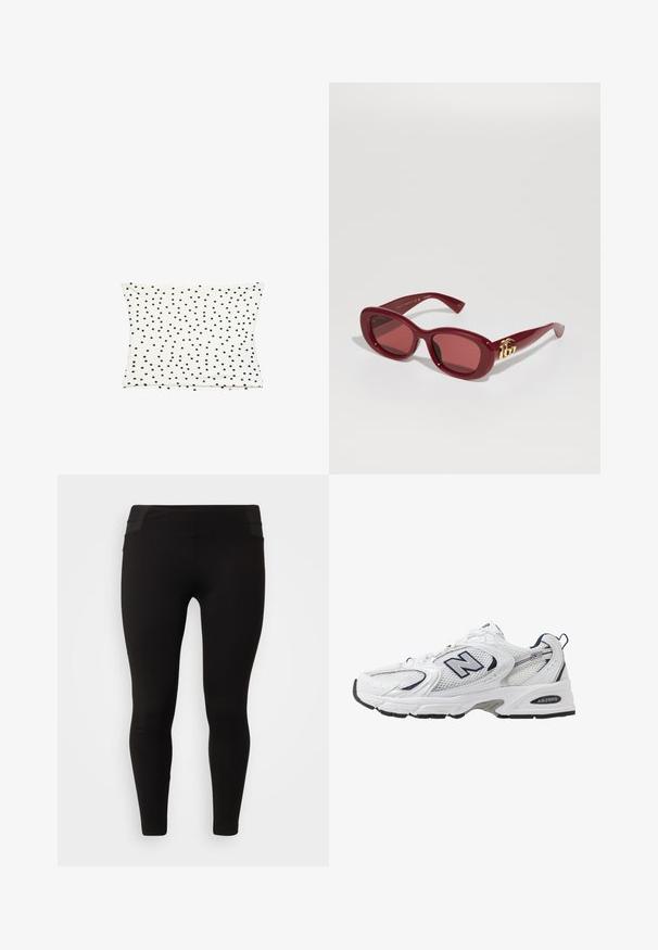 Fodera per cuscino in cotone bianco con un motivo a pois neri sparsi, con una texture liscia e forma rettangolare.; Persona by Marina Rinaldi OFFELIA - Leggings - nero; Scarpa sportiva bianca con tomaia in mesh, dettagli in blu marino e suola imbottita. Presenta il logo "N", lacci e dettaglio texturizzato sul lato.; Occhiali da sole rossi in plastica con montatura rettangolare, lenti colorate e un accento dorato con il logo sulle aste. Finitura liscia e lucida.
