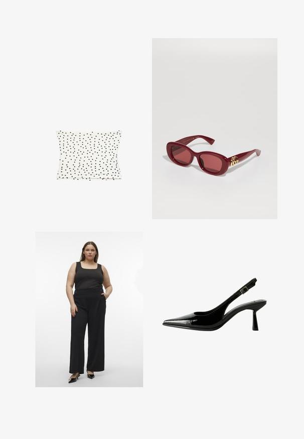 Weißer Baumwollkissenbezug mit einem verstreuten schwarzen Punktmuster, glatter Textur und rechteckiger Form.; Schwarzes Tanktop kombiniert mit weiten schwarzen Hosen, die Knöpfe haben. Das Outfit hat eine glatte Textur und eine moderne, taillierte Silhouette.; Schwarze Lackleder Slingback-Pumps mit spitzem Zeh, ausgeschnittenen Seiten, verstellbarem Knöchelriemen und einem dünnen, eleganten Absatz.; Rote Plastiksonnenbrille mit rechteckigen Rahmen, getönten Gläsern und einer goldenen Logo-Akzentuierung an den Bügeln. Glatte, glänzende Oberfläche.; Schwarzes Blütenhalsband aus geschichteten Blütenblättern, getragen mit einem schwarzen, gerippten Tanktop, das silberne Akzente entlang des Halsausschnitts und der Schultern aufweist.
