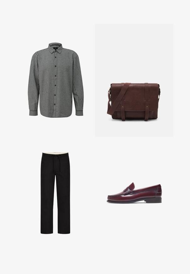 Black and white checked long-sleeve shirt with a button-up front, medium collar, and woven texture. Features black buttons and a relaxed fit.; Black, straight-leg pants with an elastic waistband, drawstring, and understated design. Soft fabric texture. No visible patterns or accents.; Burgundy leather loafer with a rounded toe, stitched detailing, and a small decorative accent on the vamp. Flat, contrasting sole.; Brown leather messenger bag with a flat front flap, two straps, gold hardware accents, and an adjustable shoulder strap.