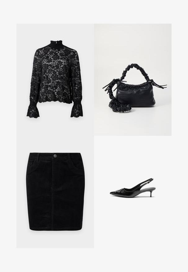 Melna mežģīņu blūze ar augstu apkakli, garām piedurknēm un uzliesmojošiem manžetēm. Ar ziedu rakstu un strukturētu virsmu. Viegls un daļēji caurspīdīgs materiāls.; Melnā korduroja svārku ar taisnu griezumu, pogu aizvēršanu, priekšējām kabatām, ribotām virsmām un matētu apdari.; Melni ādas sandales ar norādītu pirkstu, mazu kaķa papēdi un dekoratīvu mezglu detaļu priekšā. Gluda tekstūra visā virsmā.; Melnā mākslīgās ādas rokassoma ar krokodila rakstu, savilkta augšdaļa un saburzīta siksna. Izskatās mīksta un kompakta pēc dizaina.