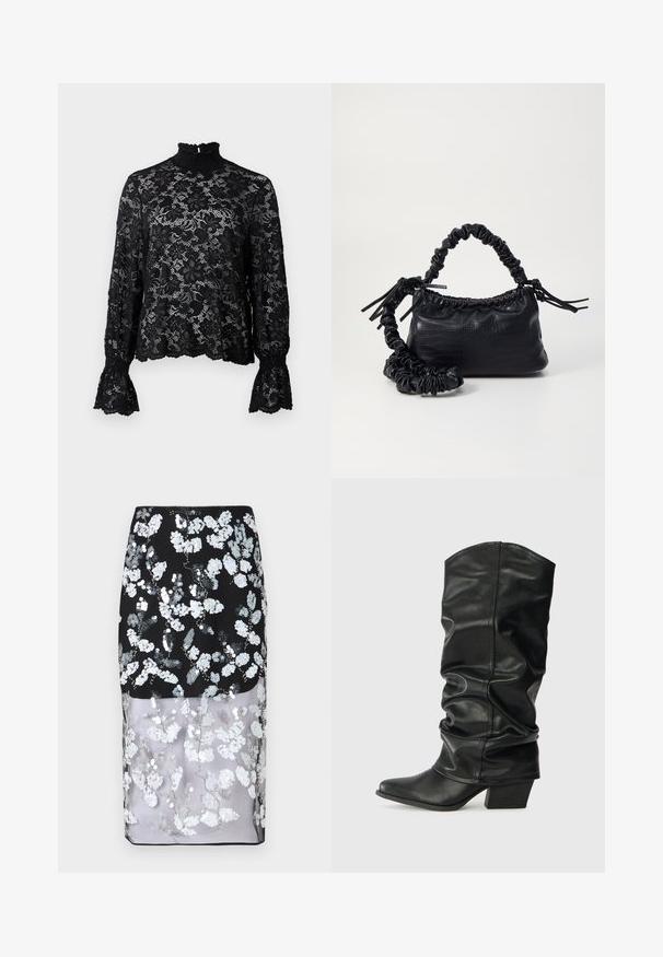 Svart bluse i blonder med høy hals, lange ermer og flagrende mansjetter. Har et blomsterdesign og en teksturert overflate. Lett og semitransparent.; Cras SKIRT - Blyantskjørt - black; Sorte skinnhøye støvler med slouch-design, spiss tå og chunky hæl, med glatt tekstur og minimalt med sømmer.; Svart faux skinn-håndveske med krokodilletekstur, strammet topp og en rynket stropp. Ser myk og kompakt ut i designen.