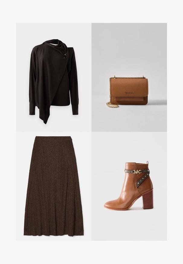 Pulover negru tricotat cu un design asimetric, guler căptușit și tiv cu striații. Prezintă un mic accent metalic lângă decolteu.; Fustă midi călduță, cu nervuri, având o textură specială, cu un talie ajustată și un design plissetat pentru volum și mișcare.; Botine din piele maro, cu toc bloc stratificat, curea laterală cu studuri aurii și cataramă cu logo „MK” aurie.; Geantă crossbody din piele texturată maro, cu curea din lanț aurit și închidere cu clapetă. Partea din față prezintă detalii cu logo și o buzunar sub clapetă.