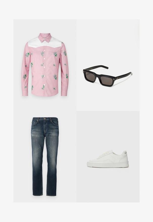 Dolga majica z dolgimi rokavi v roza in beli barvi. Opremljena je z rožnatim vezenjem in belim yokom. Narejena je iz lahkotnega materiala z zapenjanjem spredaj na gumbe.; Temno modri kavbojke z ravnim krojem nogavice, s petimi žepi, subtilnim zbledelostjo in kontrastnimi šivi. Zapiranje z kovinskim gumbom in zadrgo.; Bela usnjena športna obutev z gladko površino, okroglo prst, ravne vezalke in teksturiran podplat. Ima diskretno logo na peti.; Črne pravokotne sončna očala s temnimi lečami, debelim plastičnim okvirjem, zlatimi detajli na templjih in izgravirano blagovno znamko na ročaju.