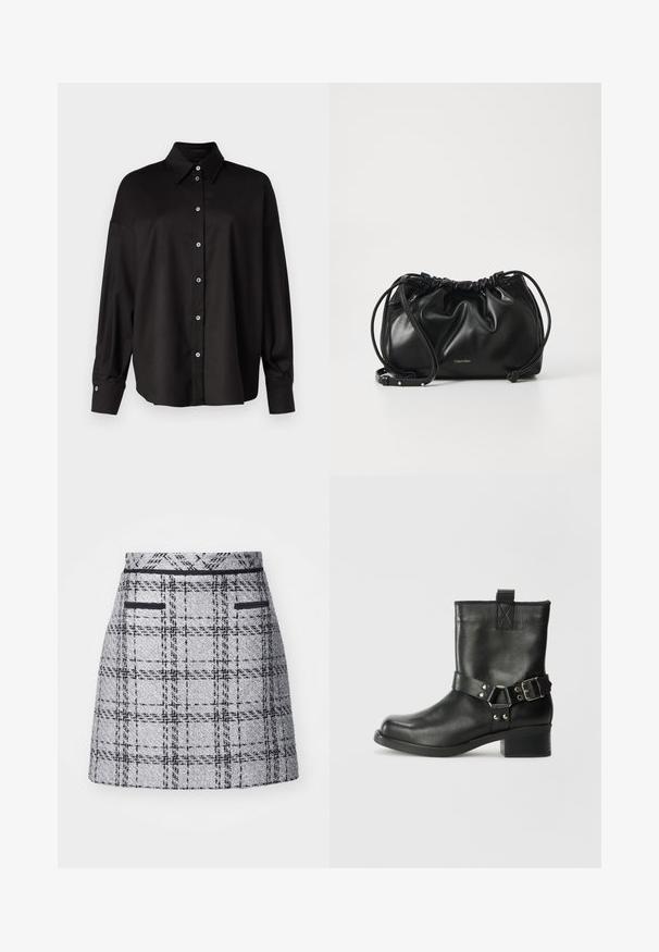 DRYKORN LYSILA - Skjortebluser - black; Gråternet nederdel i struktureret stof, tætsiddende pasform og sort kant. Inkluderer to forlommer med sort detaljering.; Samsøe Samsøe SABRENTA - Cowboy- / bikerstøvlette - black; Sort læderhåndtaske med samlet design, dobbelt snørelukning og aftagelig skulderrem. Har metal-logo detaljer.