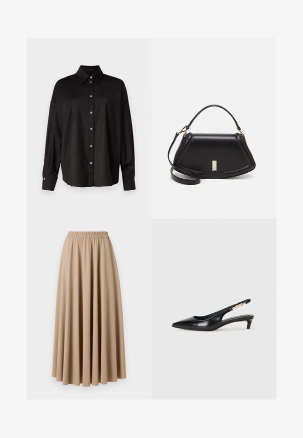 DRYKORN LYSILA - Chemisier - black; Jupe maxi beige avec une taille élastique, fabriquée dans un tissu doux avec un design fluide et plissé. Texture lisse, couleur unie.; Talons hauts en cuir noir avec un bout pointu, dotés d'un talon fin et d'un accent en ton or sur la lanière réglable. Texture lisse.; Sac à main en cuir noir avec un design structuré, featuring une forme cropped, une poignée supérieure et des accents en matériel doré. Bandoulière réglable incluse.