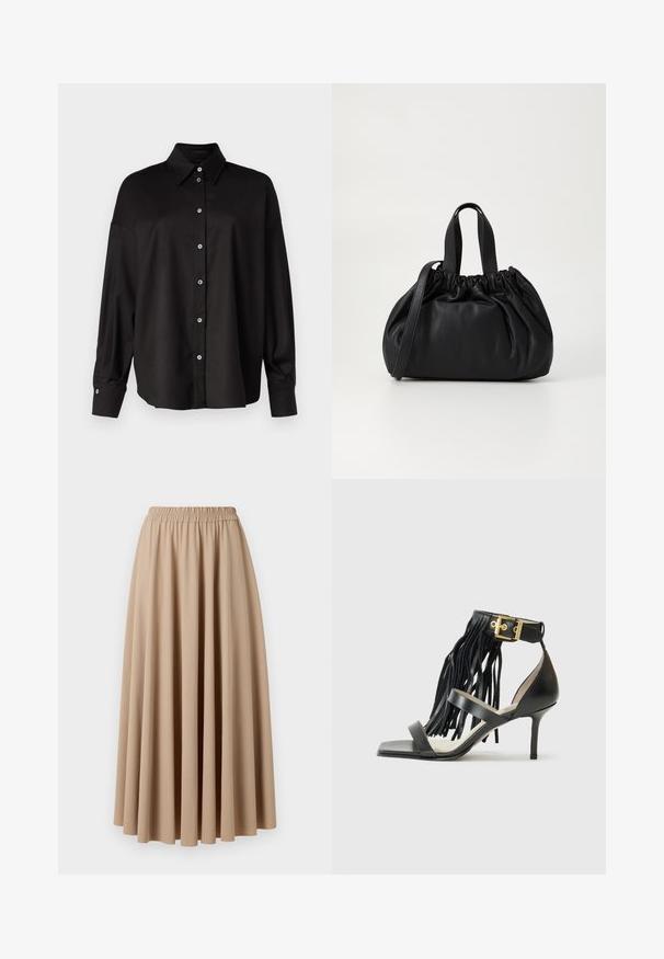 DRYKORN LYSILA - Chemisier - black; Jupe maxi beige avec une taille élastique, fabriquée dans un tissu doux avec un design fluide et plissé. Texture lisse, couleur unie.; Sandale noire à talons hauts avec des franges, bride de cheville avec quincaillerie dorée, bout carré plat et deux brides croisées sur l'empeigne.; Sac à main en cuir noir avec un design à haut froncé, doté de deux poignées courtes et d'une bandoulière longue et réglable. Texture lisse, forme arrondie.