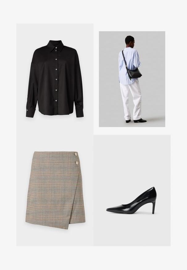 DRYKORN LYSILA - Košilová halenka - black; Šedá kostkovaná zavinovací sukně s oranžovými, hnědými a krémovými pruhy. Má dvě velké knoflíkové akcenty v pase a čisté zakončení.; Černé kožené boty na vysokém podpatku s špičatou špičkou, hladkým povrchem a zúženým podpatkem. Minimalistický design, bez dalších ozdob.; Černá kožená kabelka přes rameno s jemnou texturou, trojúhelníkovým tvarem a nastavitelným popruhem, v kombinaci se světle modrou pruhovanou košilí a bílými kalhotami.