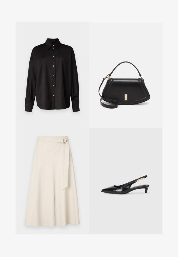 DRYKORN LYSILA - Overhemdblouse - black; Crème kunstleren midi-rok met een brede tailleband, riemdetail en A-lijn silhouet. Soepele textuur met gestikte naden en minimale accenten.; Zwarte leren slingback hakken met een spitse neus, voorzien van een slanke hak en een goudkleurige accent op de verstelbare band. Gladde textuur.; Zwarte leren handtas met een gestructureerd ontwerp, featuring een verkorte vorm, bovenhandvat en gouden hardwareaccent. Inclusief verstelbare schouderband.