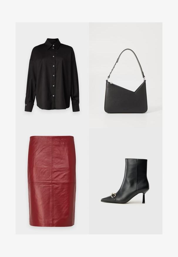 DRYKORN LYSILA - Hemdbluse - black; 2nd Day JAYAN - Lederrock - biking red; Schwarze Leder-Stiefelette mit spitzer Zehe, schlankem, mittelhohem Absatz und silberner Schnalle seitlich vor einem schlichten Hintergrund.; Schwarze Lederhandtasche in dreieckiger Form, mit schmalem Tragegurt und silbernem Zubehör. Sie verfügt über einen Reißverschluss und ein geprägtes Logo auf der Vorderseite.