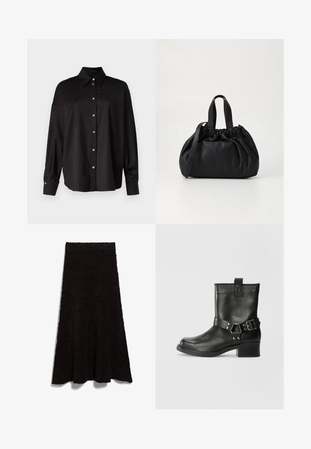 DRYKORN LYSILA - Button-down blouse - black; Black, fluffy fabric skirt with an A-line shape and raw hem. The texture appears soft and cozy, suitable for casual wear or layering.; Samsøe Samsøe SABRENTA  - Cowboy/biker ankle boot - black; Black leather handbag with a gathered top design, featuring two short handles and a long adjustable strap. Smooth texture, rounded shape.
