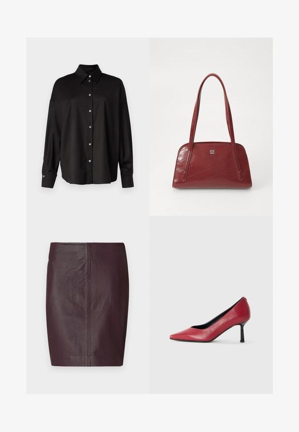 DRYKORN LYSILA - Chemisier - black; Jupe en cuir bordeaux foncé avec une texture lisse, un design ajusté et une silhouette droite. Présente des coutures minimales et aucun matériel visible.; Escarpin en cuir rouge à talon haut avec un design à bout pointu et un fin talon noir. Texture lisse avec une silhouette élégante.; Sac à main matelassé rouge en matériau brillant, doté de deux longues poignées et d'un accent logo en argent. La couture diagonale crée de la texture.