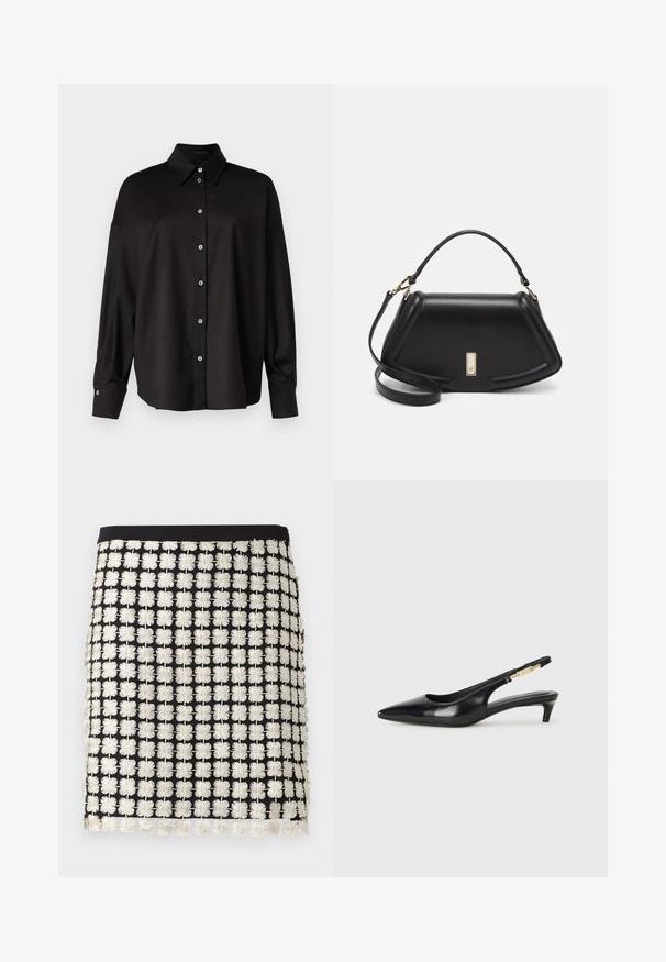 DRYKORN LYSILA - Bluza z gumbi - black; Črna krila s strukturiranim dizajnom, ki vključuje bele cvetlične vezenine. Dodatki vključujejo frinže ob robu in prilegajoči pas.; Črne usnjene sandale na peto z ostro konico, ki imajo tanko peto in zlat ton na nastavljivem traku. Gladka tekstura.; Črna usnjena torbica s strukturnim dizajnom, ki ima skrajšano obliko, zgornji ročaj in zlate dodatke. Vključena je nastavljiva ramenska naramnica.