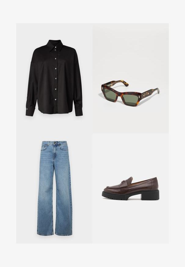 DRYKORN LYSILA - Cămașă - black; Jeans largi de culoare albastru deschis, din denim, cu talie înaltă, buzunare frontale și un design clasic cu cinci buzunare, având o decolorare subtilă.; Lofer din piele maro cu vârf rotunjit, detalii cusute și un toc gros din cauciuc negru. Textură netedă și accente minime.; Ochelari de soare cu rame țestoasă, cu lentile verzi, de formă rectangulară. Rama groasă are accente de aur pe tâmple. Textură netedă și design unghiular.