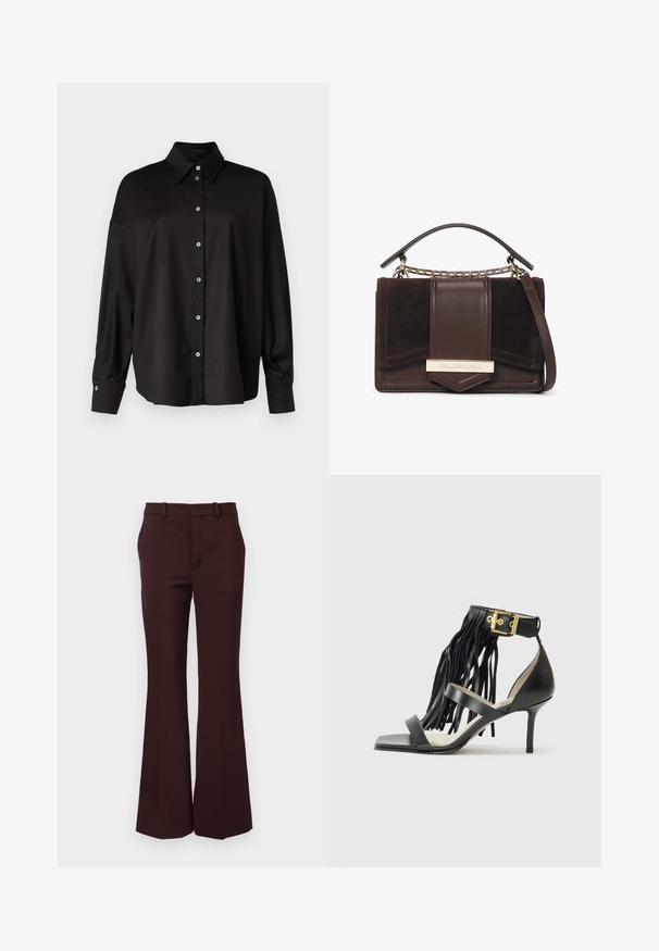 DRYKORN LYSILA czarny; Brązowe spódnice dzwony z gładkiego materiału, z dopasowanym stanem, paskami na pasek i gładkim przodem bez kieszeni.; Czarne sandały na wysokim obcasie z frędzlami, pasek na kostkę z złotymi elementami, płaski kwadratowy nos i dwa krzyżujące się paski na wierzchu stopy.; Brązowa skórzana torebka z zamszu o sztywnym kształcie. Posiada złotą metalową plakietkę, górny uchwyt oraz odpinany pasek na ramię.