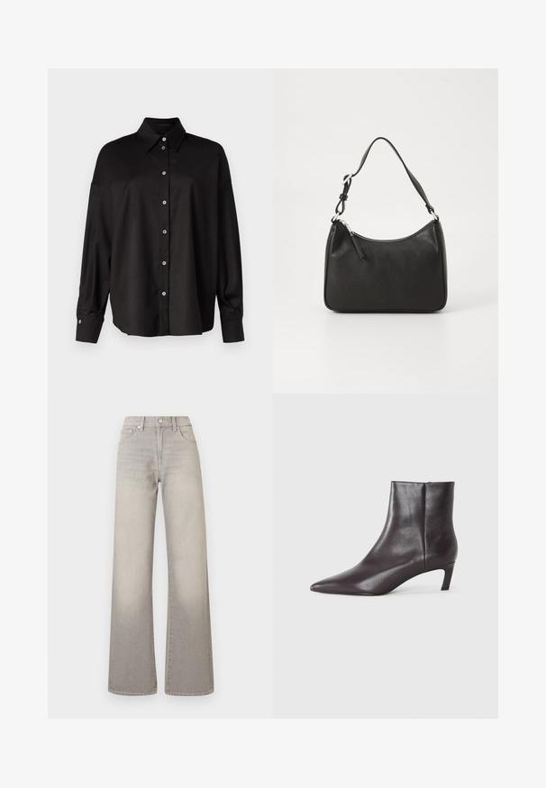 DRYKORN LYSILA - Camicia - black; Jeans grigi larghi con finitura sbiadita, chiusura con bottone, design a cinque tasche e cuciture decorative lungo le cuciture.; Stivale in pelle nera alla caviglia con punta affilata e tacco kitten basso, finitura liscia, zip laterale, mostrato su uno sfondo neutro.; Borsa a tracolla in pelle nera con forma curva, una tracolla singola, chiusura con zip e marchio discreto sul fronte. Texture liscia, design minimalista.