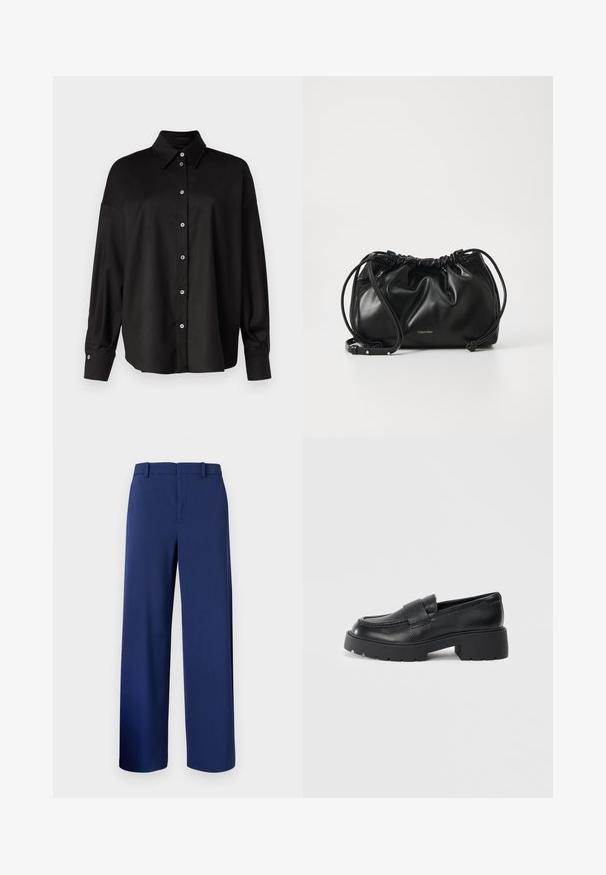 DRYKORN LYSILA - Overhemdblouse - black; Marineblauwe op maat gemaakte broek, gemaakt van een zachte stof, met een rechte pijpdesign, riemlussen en een ritssluiting aan de voorkant met haaksluiting.; Zwarte leren instappers met een gestructureerde afwerking, voorzien van een rechthoekige band over de voorkant en een robuuste, gegroefde zool.; Zwarte leren handtas met geplooid ontwerp, dubbele trekkoordsluiting en afneembare schouderband. Voorzien van metallic logo detail.