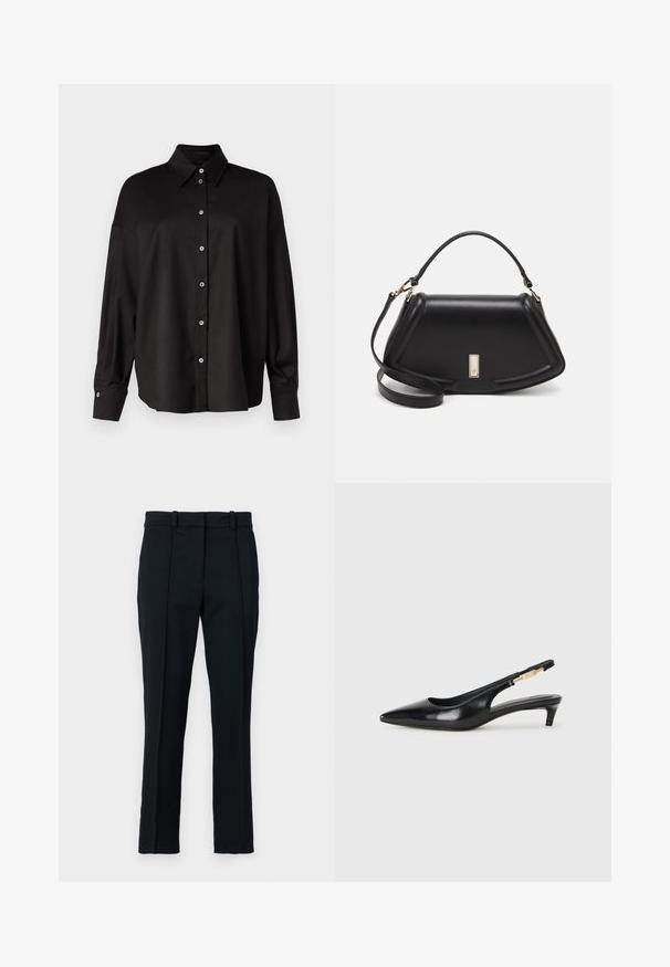 DRYKORN LYSILA - Chemisier - black; Pantalons noirs en tissu lisse, avec une taille plate, deux plis à l'avant et une coupe classique avec passants de ceinture.; Talons hauts en cuir noir avec un bout pointu, dotés d'un talon fin et d'un accent en ton or sur la lanière réglable. Texture lisse.; Sac à main en cuir noir avec un design structuré, featuring une forme cropped, une poignée supérieure et des accents en matériel doré. Bandoulière réglable incluse.