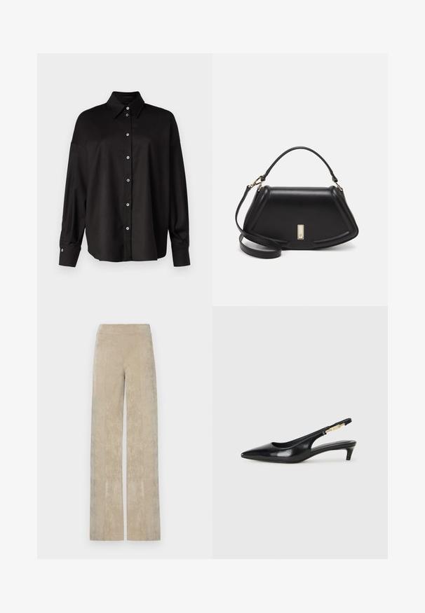 DRYKORN LYSILA - Chemisier - black; Pantalons à taille haute et jambe large en velours côtelé beige clair, avec des côtes verticales et une texture douce. Taille plate pour un confort optimal.; Talons hauts en cuir noir avec un bout pointu, dotés d'un talon fin et d'un accent en ton or sur la lanière réglable. Texture lisse.; Sac à main en cuir noir avec un design structuré, featuring une forme cropped, une poignée supérieure et des accents en matériel doré. Bandoulière réglable incluse.