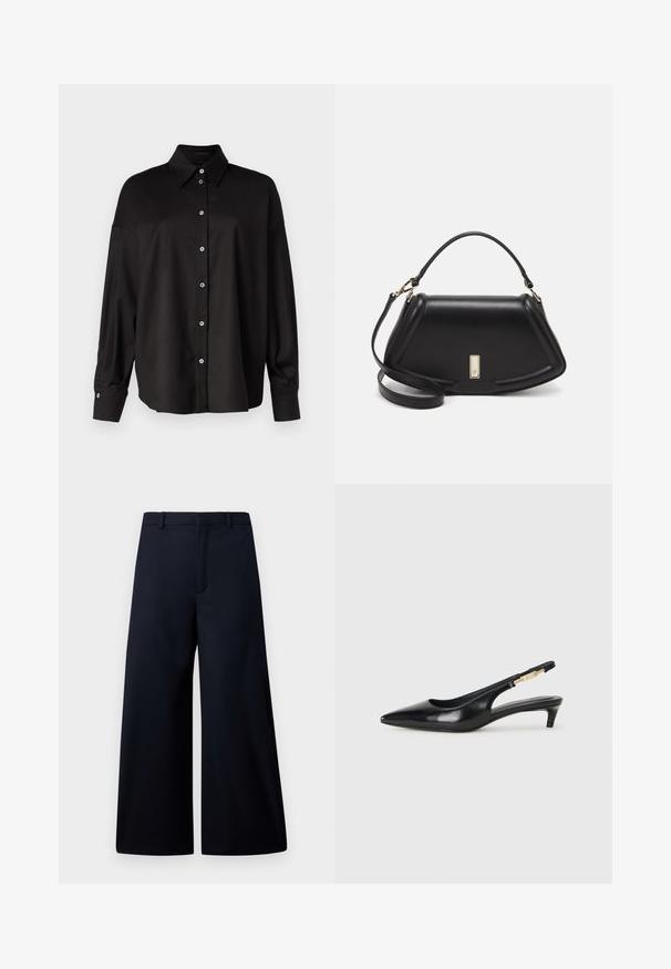 DRYKORN LYSILA - Blus - black; Vidbenade byxor i mörk marinblå, tillverkade av ett slätt tyg. Har en platt midja, veck fram och ingen synlig metall eller mönster.; Svart läder slingback-hälar med spetsig tå, med en smal klack och en guldtonad detalj på den justerbara remmen. Slät textur.; Svart läderhandväska med en strukturerad design, som har en avskuren form, ett handtag upptill och guldiga detaljer. Justerbar axelrem ingår.
