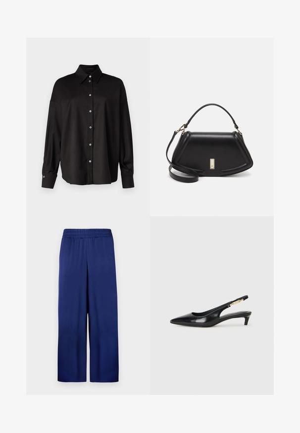 DRYKORN LYSILA - Užsagstoma palaidinė - black; Tamsiai mėlynos plačios kelnės su elastine juosme, pagamintos iš lygaus audinio, turinčios paprastą ir funkcionalų dizainą be matomų raštų.; Juodas odinis pavasario batelių modelis su smailiu nosiu, turintis siaurą kulniuką ir auksinės spalvos akcentu reguliuojamoje juostoje. Lygi tekstūra.; Juoda odinė rankinė su struktūrizuotu dizainu, turi trumpą formą, viršutinę rankeną ir auksinius akcentus. Pridėtas reguliuojamas peties diržas.