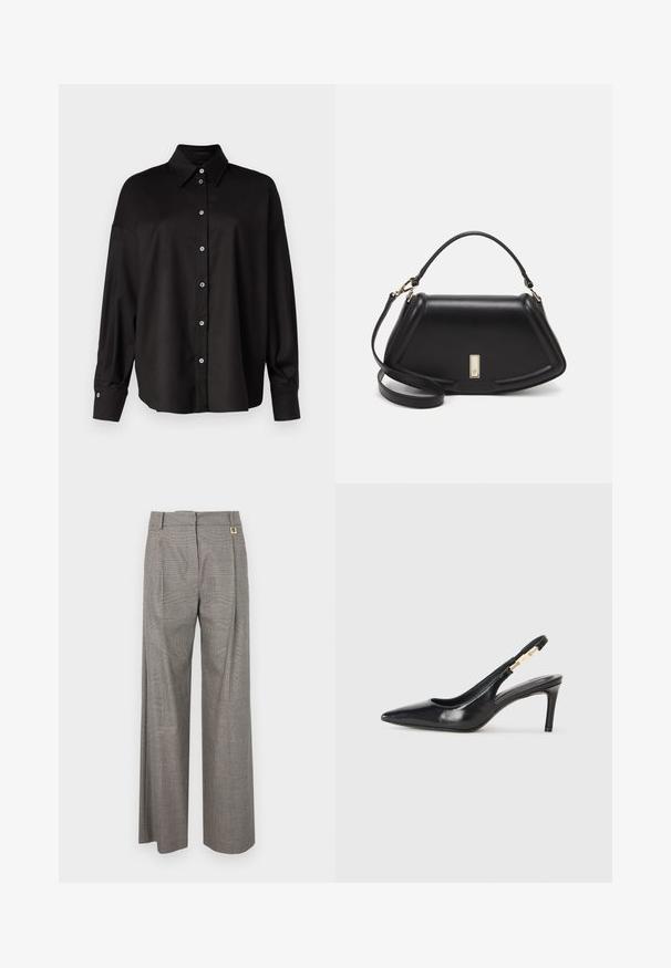 DRYKORN LYSILA - Button-down blouse - black; Gray plaid wide-leg trousers with a high waist, front pleats, and a gold-tone hardware accent on the waistband. Textured fabric.; Black leather slingback high-heeled shoe with a pointed toe, smooth texture, and a narrow ankle strap featuring gold hardware accents.; Black leather handbag with a structured design, featuring a cropped shape, top handle, and gold hardware accent. Adjustable shoulder strap included.