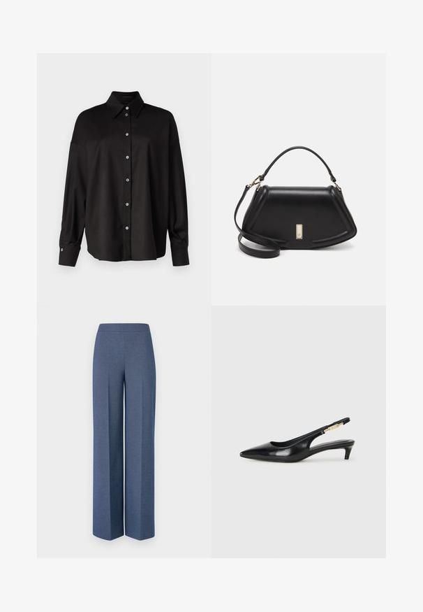 DRYKORN LYSILA czarny; Spodnie o szerokich nogawkach z teksturowanej niebieskiej tkaniny, z gładkim pasem w talii i wyraźnymi kantami z przodu, prezentujące starannie dopasowany fason.; Czarne skórzane szpilki typu slingback z ostrym noskiem, posiadające smukły obcas i złoty akcent na regulowanym pasku. Gładka tekstura.; Czarna skórzana torebka o strukturalnym designie, z przyciętą formą, górnym uchwytem i złotymi akcentami. W zestawie regulowany pasek na ramię.