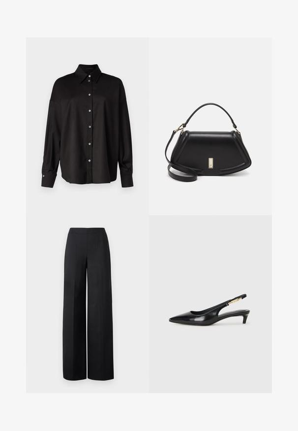 DRYKORN LYSILA - Chemisier - black; Pantalons larges noirs en tissu lisse. Dotés d'une taille haute et de lignes nettes et droites sans poches visibles ni embellissements.; Talons hauts en cuir noir avec un bout pointu, dotés d'un talon fin et d'un accent en ton or sur la lanière réglable. Texture lisse.; Sac à main en cuir noir avec un design structuré, featuring une forme cropped, une poignée supérieure et des accents en matériel doré. Bandoulière réglable incluse.