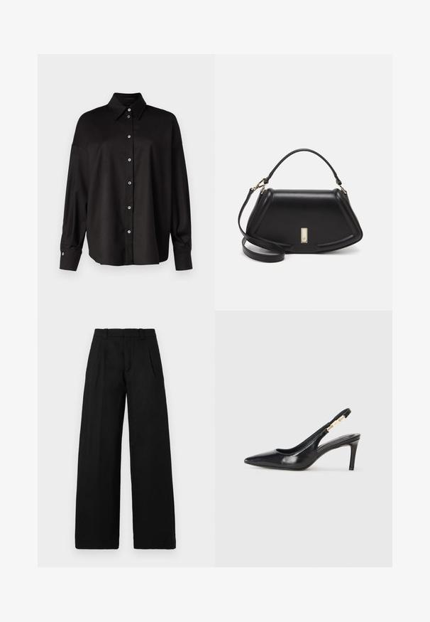 DRYKORN LYSILA - Pogājama blūze - black; Melni platajā kāja bikses, kas izgatavotas no gludas, austas auduma. Iezīmes plakans priekšpuse ar divām krokām un jostas cilpām. Vienkāršs, tīrs dizains.; Melna ādas augstpapēžu kurpe ar smailu purngalu, gludu tekstūru un šauru potītes siksnu ar zelta daļām.; Melnas ādas roku soma ar struktūru, ar īsu formu, augšējo rokturi un zelta aksesuāriem. Iekļauta regulējama plecu siksna.