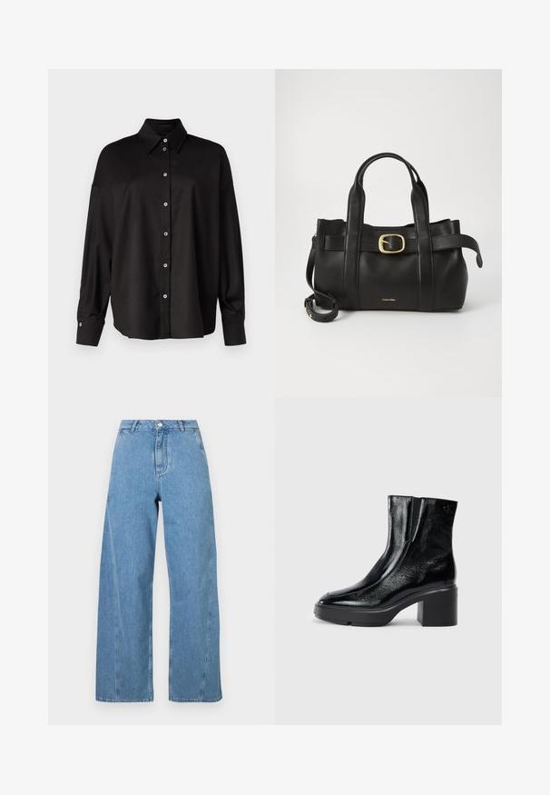 DRYKORN LYSILA - Skjortebluse - black; Lyseblå vide jeans laget av denim, med høy liv, rett snitt og kontrasterende sømmer langs sømmene.; Sorte lakkskinn ankelstøvler med buet tå, elastiske sidestykker og en chunky klossheel. Har preget logo på baksiden.; Svart lærveske med en strukturert design, doble topphåndtak, gullfarget spenneakent og preget merke-logo foran.