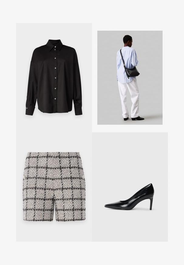 DRYKORN LYSILA - Pogājama blūze - black; Tvidas šorti neitrālā krāsā ar melnbaltu rūtiņu rakstu. Priekšpusē ir dekoratīvas pogas. Tekstūrēta auduma.; Melnas ādas augstpapēžu kurpes ar norādītu purngali, gludu tekstūru un šauru papēdi. Minimālistisks dizains, bez papildu rotājumiem.; Melna ādas plecu soma ar mīkstu tekstūru, trīsstūra formu un regulējamu siksnu, apvienota ar gaiši zilu svītrotu krekli un baltām biksēm.