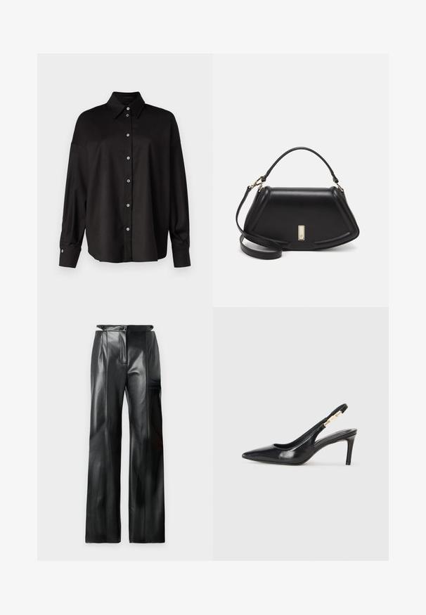 DRYKORN LYSILA - Hemdbluse - black; Schwarze Lederhosen mit hoher Taille, weitem Bein, vertikalen Nähten und glatter Textur. Verfügt über einen Reißverschluss und Gürtelschlaufen.; Schwarzer Leder-Slingback-High-Heel-Schuh mit spitzem Zeh, glatter Textur und schmalem Knöchelriemen, der mit goldenen Hardware-Akzenten verziert ist.; Schwarze Lederhandtasche mit einem strukturierten Design, das eine verkürzte Form, einen oberen Griff und goldfarbene Hardware-Details aufweist. Verstellbarer Schulterriemen ist enthalten.