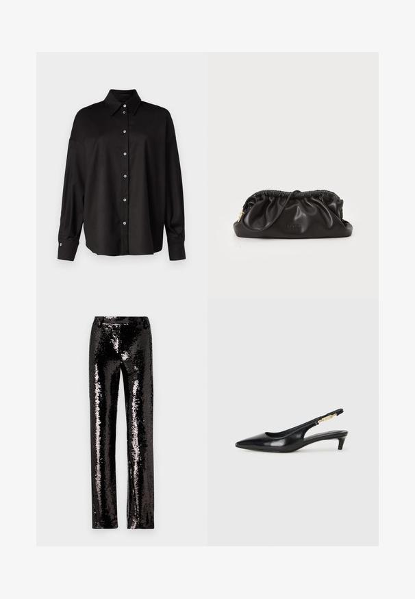 DRYKORN LYSILA - Blúzka so zapínaním na gombíky - black; Čierne nohavice s flitrami a rovný strih, s lesklou textúrou a trblietavým povrchom, ktorý odráža svetlo. Bez viditeľných zapínaní.; Čierne kožené slingback opätky s špicatou špičkou, s úzkym opätkom a zlatým detailom na nastaviteľnom remienku. Hladká textúra.; Čierna kožená spojka so zhladeným horným okrajom, zipsom a zlatými hardwarovými doplnkami. Hladký povrch s embosovaným logom.