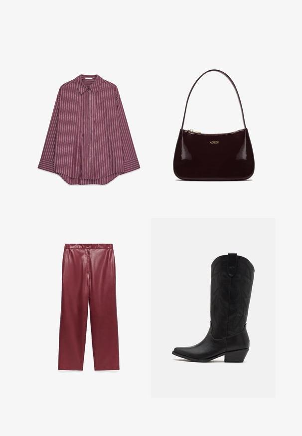 Langarm, bordeaux rood overhemd met verticale witte en kleurrijke strepen, voorzien van een klassieke kraag en een afgeronde zoom.; Bordeaux neplederen wijde broek met een hoge taille, knoopsluiting aan de voorkant en een gladde, glanzende textuur. Geen zakken.; Zwarte leren cowboylaars met spitse neus, lage gestapelde hak en een ingewikkeld geïmbossieerd bladerenpatroon op de schacht. Lus aan de bovenkant voor eenvoudig aantrekken.; Bordeaux handtas van glanzend leer met een soepele textuur, gebogen ontwerp, enkele schouderriem en een gouden "kazar" logo aan de voorkant.