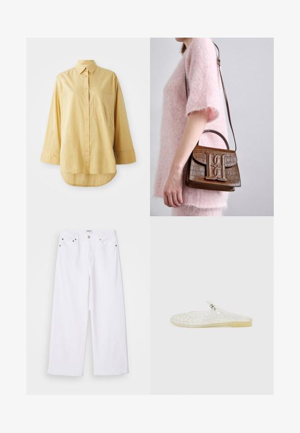 Rumena srajca s kratkimi rokavi in žepom, dolgi rokavi in zaobljen rob. Narejena iz lahkega, teksturiranega blaga. Vsebuje oranžne gumbe.; Beli široke kavbojke iz denima, z obliko petih žepov, kovinsko strojno opremo in visokim pasom, s čistim zaključkom na robu.; Prozoren plastični natikači z mrežico, okroglo konico in majhno srebrno dekoracijo na trakcu. Fleksibilen podplat v prozornem odtenku.; Rjava torbica s krokodiljo embosiranjem, z zgornjim ročajem in naramnicami. Ima izstopajoč logotip na sprednjem pokrovu. Mehka tekstura.