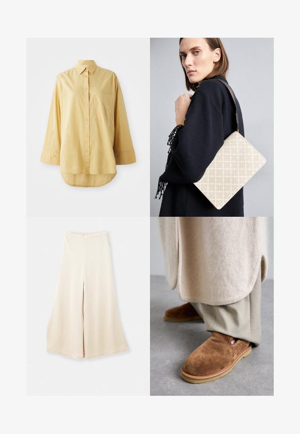 Kollane nööbiga särk taskuga, pikad varrukad ja ümar hem. Valmistatud kergest, tekstuurses kangas. Omab oranže nuppe.; Beežid laiad püksid, mis on tehtud siledast kangast, kõrge vöökoha ja pehme langusega. Omavad vabalt istuvat lõiget ja puhtaid, lihtsaid jooni.; Pruun nahk-suede slip-on jalanõud ümarate varvastega, kummist tallaga ja külgss lõike detailidega, mis on kombineeritud heledate beežide õmblusteta pükstega.; Beez värviga mustriga õlakott, millel on struktureeritud kuju ja pruuni tekstuuriga rihm. Kandnud mudel halli tausta ees.