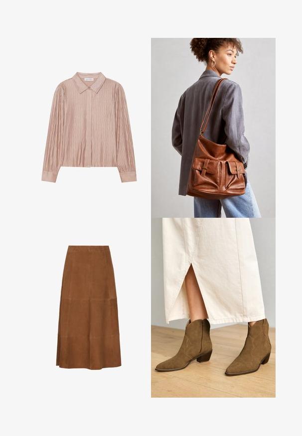 Failed to generate alt-text; Brown suede midi skirt, A-line shape, smooth texture, with seam details, and a waistband, completes a minimalist design.; Anna Field Cowboy/biker ankle boot - cognac; Brown leather bucket bag featuring two front pockets with buckle accents. The bag has a smooth texture and an adjustable strap.