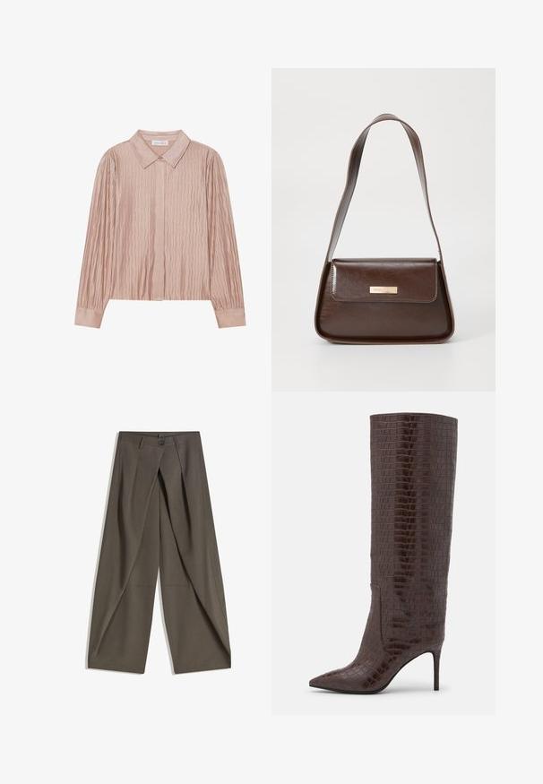 Alt-Text konnte nicht generiert werden.; Weite Hosen aus einem strukturierten, dunkelgrauen Stoff. Mit einer vorderen Faltenlegung, Knopfverschluss und praktischen Seitentaschen ausgestattet.; Jeffrey Campbell ARSEN - Stiefel - brown; Braune Lederschultertasche mit strukturierter Form, ausgestattet mit einem magnetischen Klappenverschluss und einem metallischen Logoakzent auf der Vorderseite.