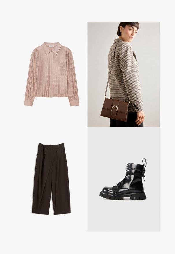 Impossibile generare il testo alternativo.; Pantaloni a gamba larga marrone scuro con vita alta, dotati di una chiusura con bottone singolo e una parte anteriore plissettata. Realizzati in tessuto leggero.; Stivale in pelle verniciata nera con suola spessa, punta arrotondata e dettagli con lacci. Presenta lacci avvolti e un'appiglio sul tallone.; Borsa a tracolla in pelle marrone con una fibbia in metallo dorato, forma rettangolare, texture liscia e tracolla rimovibile.; Fascia per capelli imbottita di colore crema con design intrecciato, abbinata a una camicia a righe beige e bianche con scollatura rotonda. Accenti di gioielli delicati.