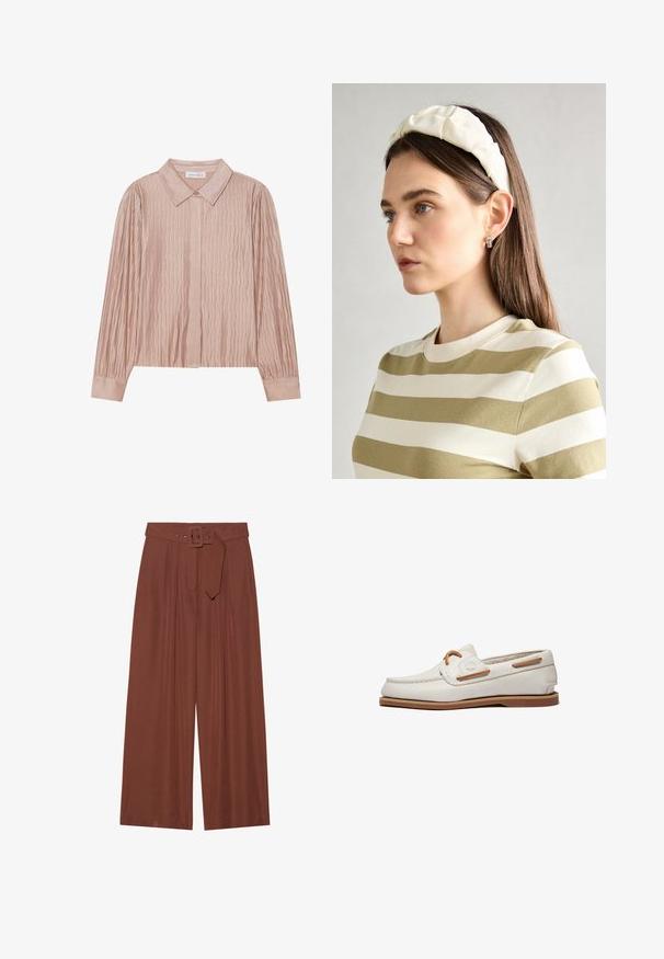 Hiba történt az alternatív szöveg generálása során.; Barna anyagból készült, széles szárú nadrág, négyzet alakú csattal ellátott övvel, redők kialakítással és sima textúrával.; Fehér bőr csónakcipő sima felülettel, barna részletekkel, fűzéses díszítéssel és gumitalppal. Minimalista dizájn, finom varrással.; Krém színű párnázott fejpánt csavaros kivitelezéssel, bézs és fehér csíkos pólóval párosítva, kerek nyakkivágással. Diszkrét ékszer kiegészítők.