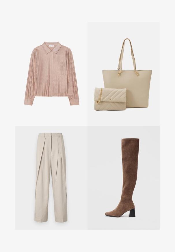 Neizdevās ģenerēt alt-tekstus.; Beige pielēti bikses ar platiem uzvārstkiem, gludu tekstūru un plecus priekšu. Iekļauj klasisku jostasvīru un sānu kabatas.; Brūni virsceļgala zābaki, kas izgatavoti no mīkstas zamša, ar iegarenu pirkstu un masīlu melnu papēdi. Dizains ietver bezšuvju šuvju, lai radītu elegantu izskatu.; Bēša tote soma ar plakaniem rokturiem, gludu tekstūru un zelta furnitūru, kopā ar saskaņotu izšūtu maciņu ar ķēdes siksnu.