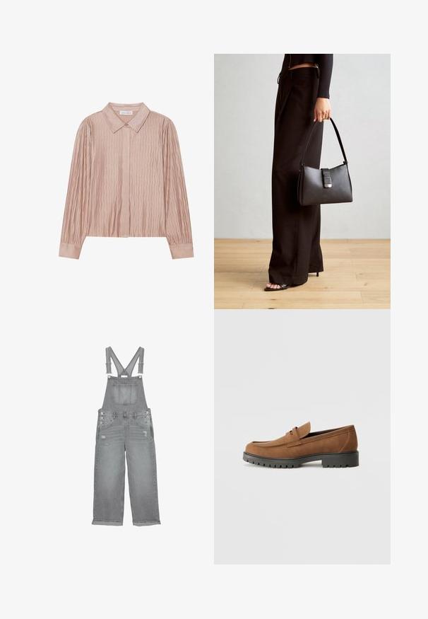 Zlyhalo generovanie alternatívneho textu.; Šedé deninové overaly s nastaviteľnými popruhmi, prednou vreckovou časťou, bočnými gombíkmi a opotrebovanými detailmi na nohách.; Hnedé semišové loafers so zaoblenou špičkou a nízkou čiernou gumovou podrážkou, s dekoračným pásikom a šitými detailmi na hornej časti.; Čierna kabelka so štruktúrovaným tvarom, hladkou textúrou a kovovou sponou. V kombinácii so širokými čiernymi nohavicami a sandálmi s otvorenou špičkou na drevenej podlahe.