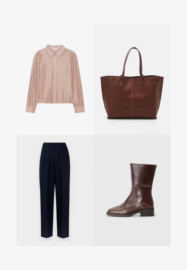 Falha ao gerar texto alternativo; Calças largas azul-marinho com cintura elástica e cordão ajustável. Feitas de um tecido suave com silhueta reta e sem bolsos.; Bota de tornozelo em couro castanho com bico quadrado e salto baixo, apresentando costura contrastante ao longo das costuras. Fundo claro.; Sacola Tote de couro castanho com alças duplas, apresenta costura em contraste e um design espaçoso, adequada para o uso diário.