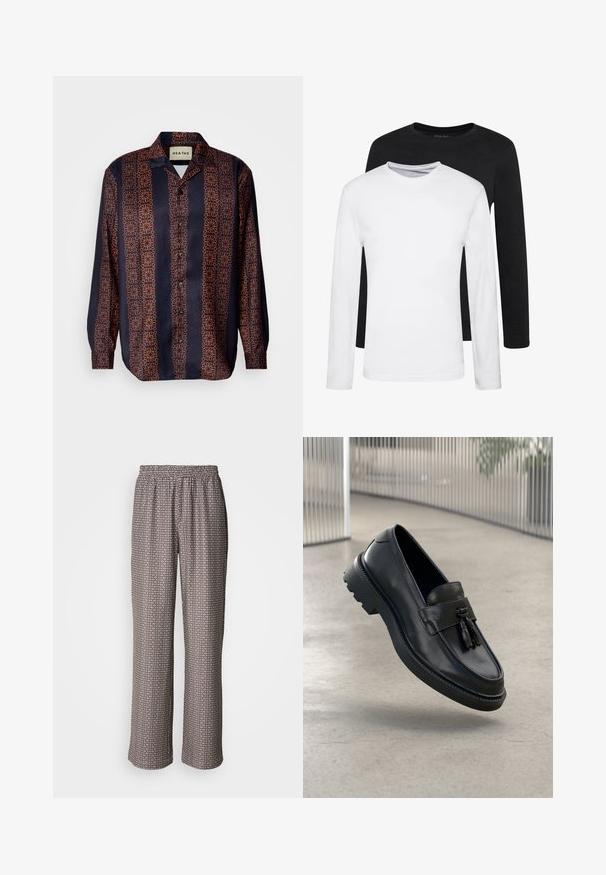 Marineblå skjorte med knapper og et blomstret geometrisk mønster i nuancer af orange. Har en krave og lange ærmer med knapmanchetter.; To lange ærmede skjorter, en sort og en hvid, lavet af bomuld med rund hals og en glat tekstur, vist i en stakket opstilling.; Bredde bukser lavet af letvægtsstof med et sort-hvidt geometrisk mønster og en elastisk talje.; Sorte læderloafer med glat finish, dekorativ kvast, tyk gummisål og syede detaljer. Let og elegant design.