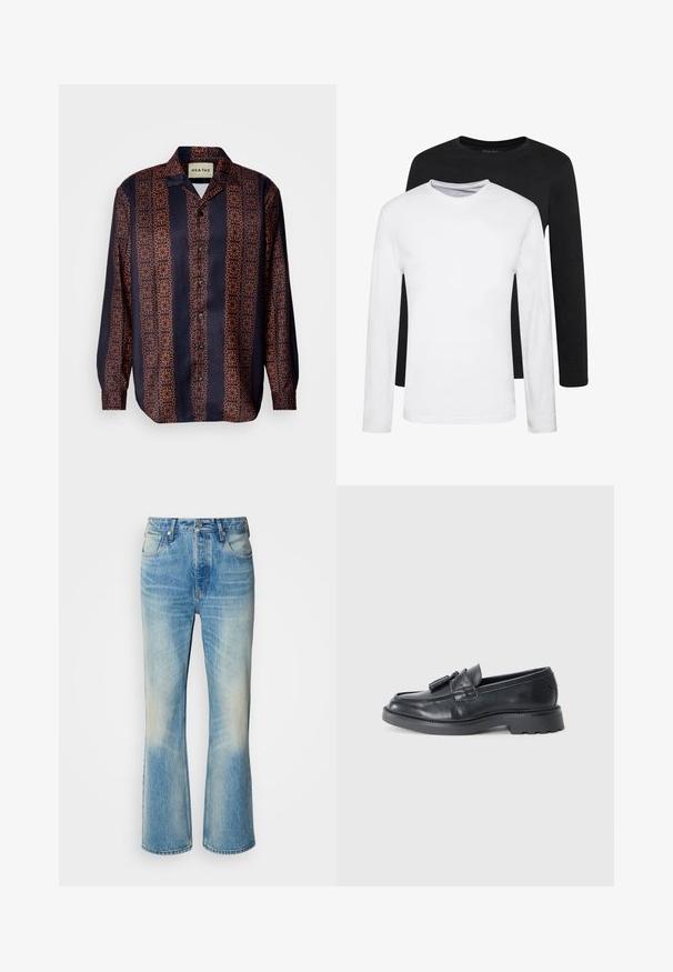 Chemise à boutons marine avec un motif floral géométrique dans des tons d'orange. Comprend un col et des manches longues avec des poignets à boutons.; Deux chemises à manches longues, l'une noire et l'autre blanche, en coton avec un col rond et une texture lisse, présentées dans un arrangement empilé.; Jean en denim bleu clair avec un design à jambe évasée, présentant une finition délavée, des poches avant et une taille à boutons. Couture renforcée visible.; Mocassins en cuir noir avec un bout arrondi, une sangle ornée de pompons et une semelle épaisse dotée d'un motif de traction. Texture lisse et design classique.