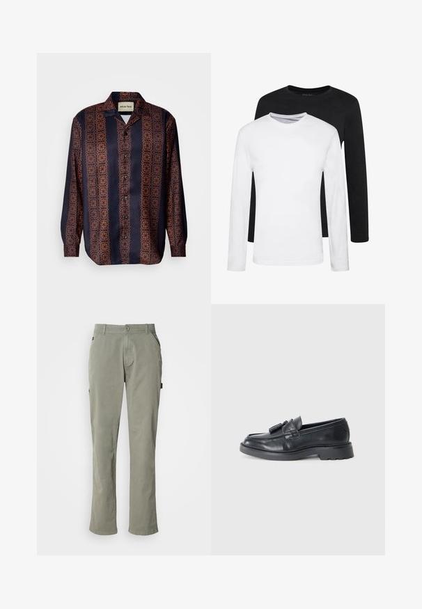 Navy button-up shirt with a floral geometric pattern in shades of orange. Features a collar and long sleeves with buttoned cuffs.; Two long-sleeve shirts, one black and one white, made of cotton with crew necks and a smooth texture, displayed in a stacked arrangement.; Light green cotton pants with a straight cut, featuring front pockets, a button closure, and a waistband with belt loops.; Black leather loafers featuring a rounded toe, a strap with tassels, and a chunky sole with a tread pattern. Smooth texture and classic design.