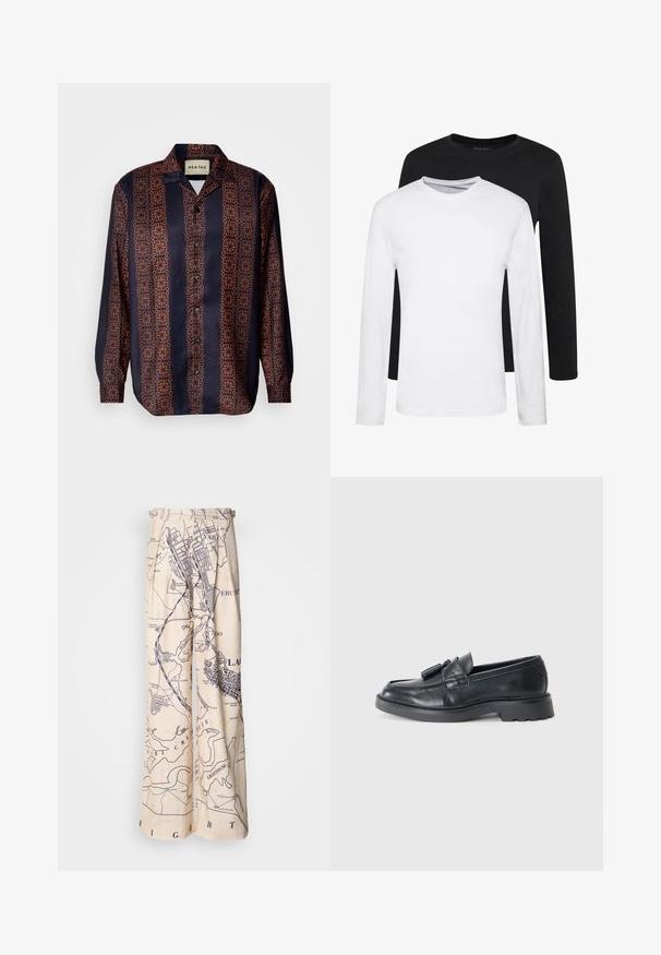 Chemise à boutons marine avec un motif floral géométrique dans des tons d'orange. Comprend un col et des manches longues avec des poignets à boutons.; Deux chemises à manches longues, l'une noire et l'autre blanche, en coton avec un col rond et une texture lisse, présentées dans un arrangement empilé.; Pantalons à jambes larges avec un imprimé carte en navy sur un fond beige, avec des détails plissés à la taille et une coupe décontractée.; Mocassins en cuir noir avec un bout arrondi, une sangle ornée de pompons et une semelle épaisse dotée d'un motif de traction. Texture lisse et design classique.