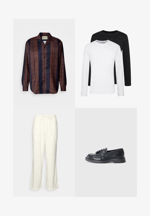 Marineblauwe overhemd met knopen, versierd met een bloemig geometrisch patroon in oranje tinten. Voorzien van een kraag en lange mouwen met knoopmanchetten.; Twee longsleeves, één zwart en één wit, gemaakt van katoen met ronde hals en een gladde textuur, gepresenteerd in een gestapelde opstelling.; Linnen broek in gebroken wit met een trekkoord in de taille, iets wijde pijpen en opgerolde manchetten voor een relaxte pasvorm. Geen zakken.; Zwarte leren instappers met een ronde neus, een band met kwastjes en een chunky zool met een loopvlak. Glad oppervlak en een klassiek ontwerp.