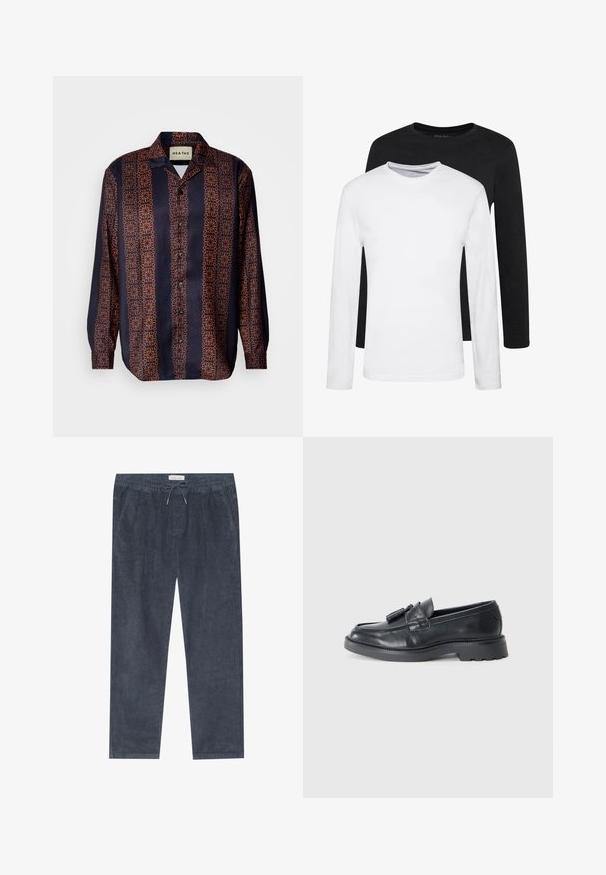 Tengerész stílusú gombos ing virágos geometrikus mintával narancssárga árnyalatokban. Gallérral és hosszú ujjakkal rendelkezik, gombos mandzsettával.; Két hosszúujjú ing, egy fekete és egy fehér, pamutból készült, kerek nyakkivágással és sima textúrával, egymásra rakva bemutatva.; Sötétkék kordbársony nadrág gumis derékkal és húzózsinórral; oldalzsebekkel és függőleges bordázott textúrával rendelkezik. Egyenes lábszárú kialakítás.; Fekete bőr loaferek, lekerekített orral, bojtokkal díszített pánttal és vastag talppal, amelynek a felülete mintázott. Sima textúra és klasszikus dizájn.